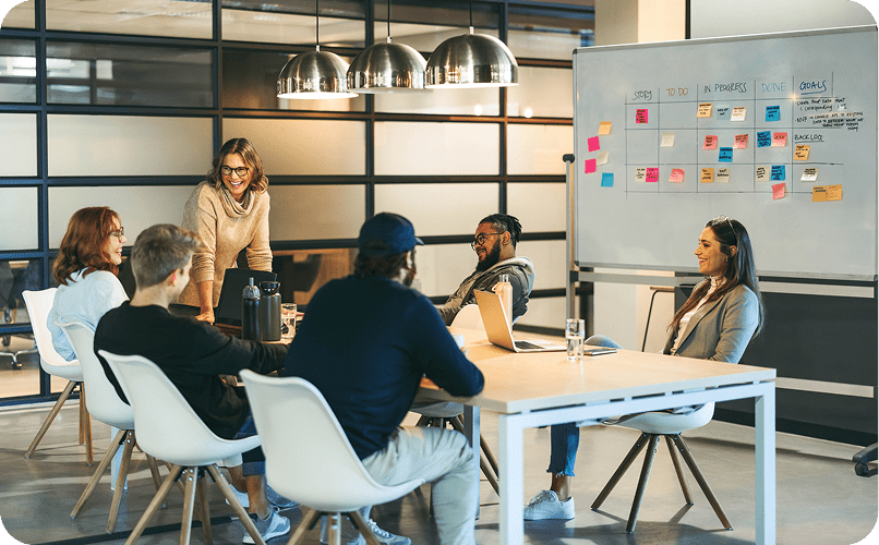 Team meeting in modern conference room.